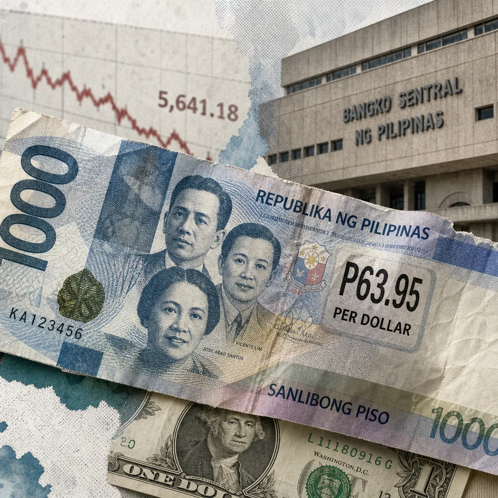 A Philippine peso bill marked with P63.95 per dollar, a US dollar, a falling stock chart, and Bangko Sentral ng Pilipinas building illustrate the peso hit a record low. (144 characters)