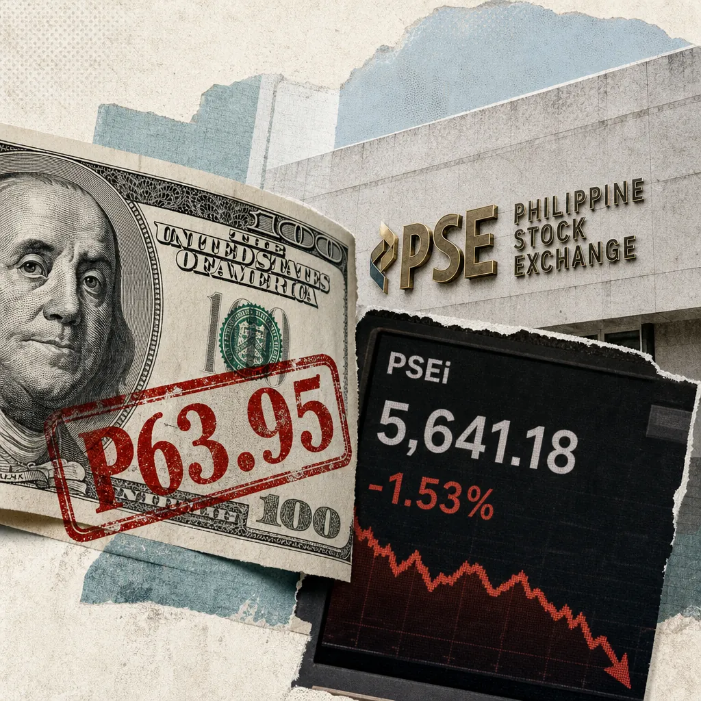 A US dollar bill, Philippine Stock Exchange building, and falling stock chart illustrate the peso hit a record low and stocks fell. 143 characters