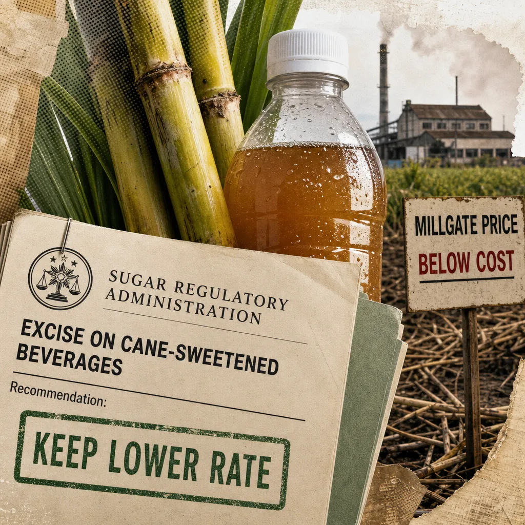 A bottle of cane juice, sugarcane stalks, and documents show fuel and sugar prices rise as DTI holds 190 basic goods steady and SRA seeks lower sugar tax. (143 characters)