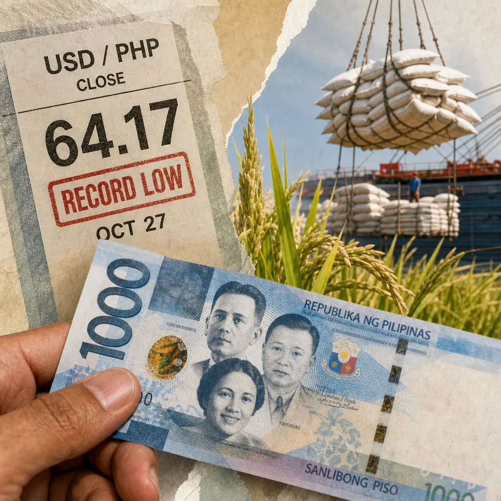 A hand holds a 1000 peso bill in front of a sign showing the peso hit a record low at ₱64.17 to the dollar, with rice sacks being unloaded. (143 characters)