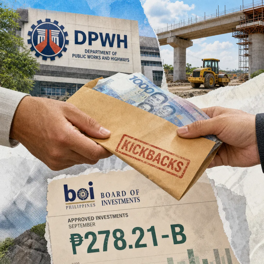 Two hands exchange an envelope labeled kickbacks with peso bills, showing P5B in DPWH kickbacks, investment approvals surged, and infrastructure. (143 characters)
