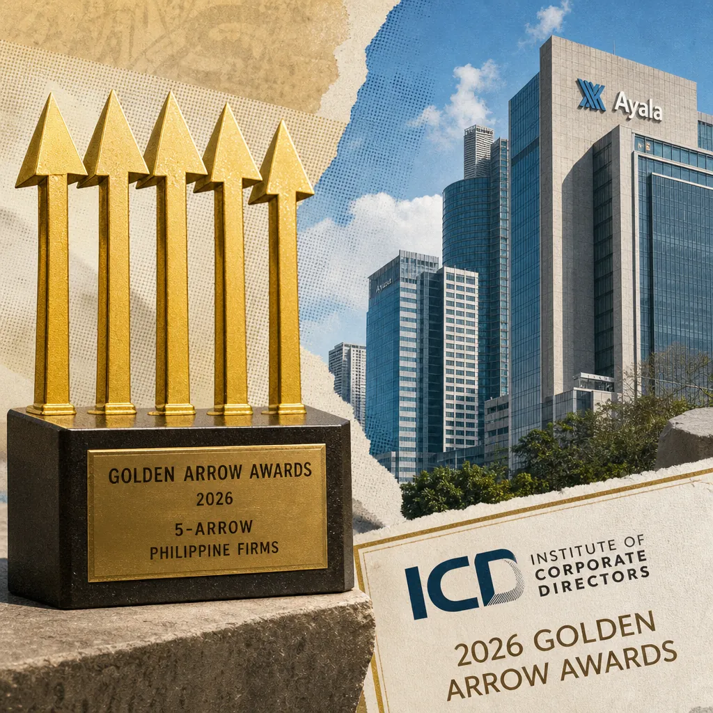 A Golden Arrow Awards trophy stands in front of the Ayala building, highlighting Ayala tops the 2026 Golden Arrow Awards for corporate governance. 145 characters