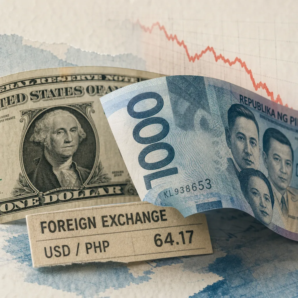 A US dollar bill and a Philippine peso bill are shown with a chart and a sign reading USD/PHP 64.17 as the peso hit a record low per dollar. (143 characters)