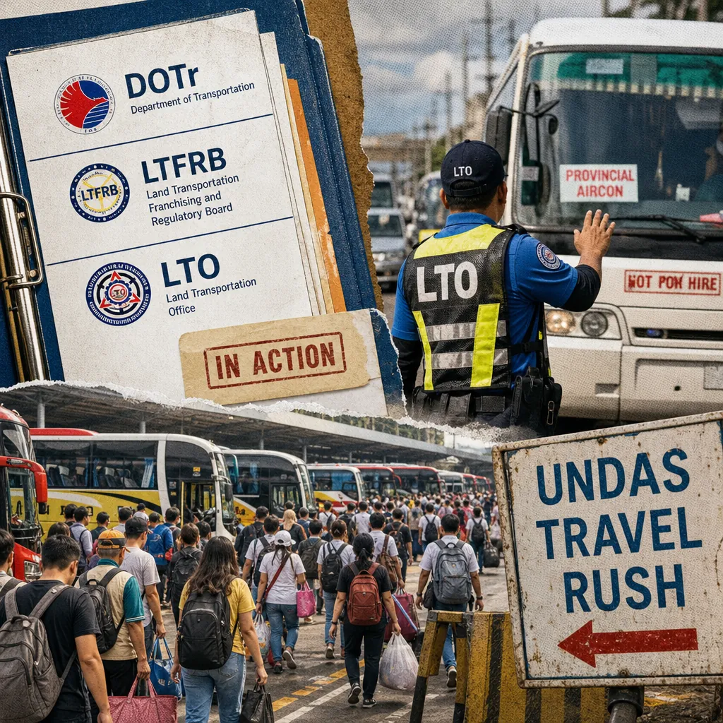 Philippine transport regulators crack down on bus terminals, drug use, and colorum vehicles as Undas travel peaks, showing busy terminals and officers. (143 characters)