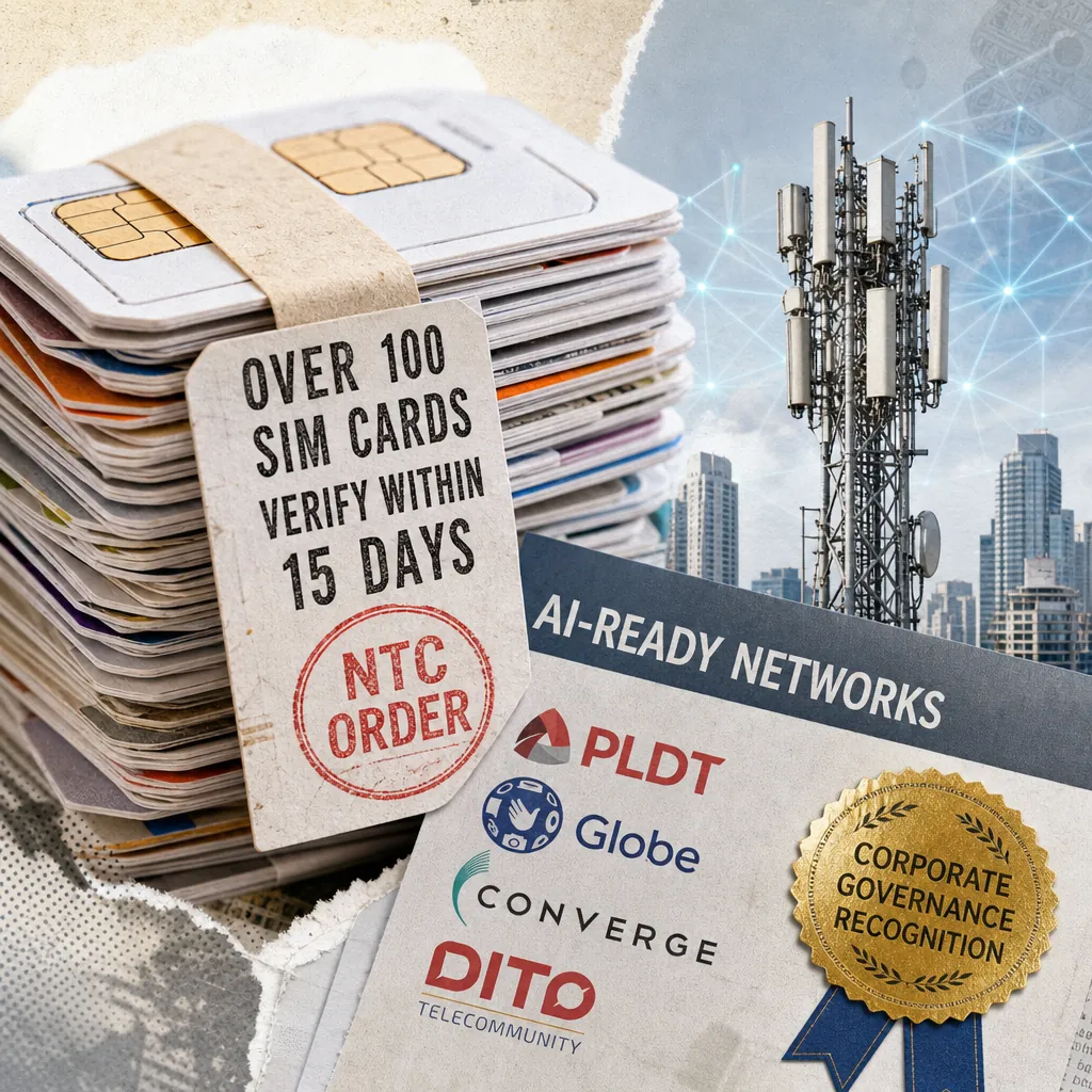 A stack of SIM cards labeled with an NTC order, telecom logos, a cell tower, and cityscape illustrate scam prevention and governance trends in telecom. (143 characters)