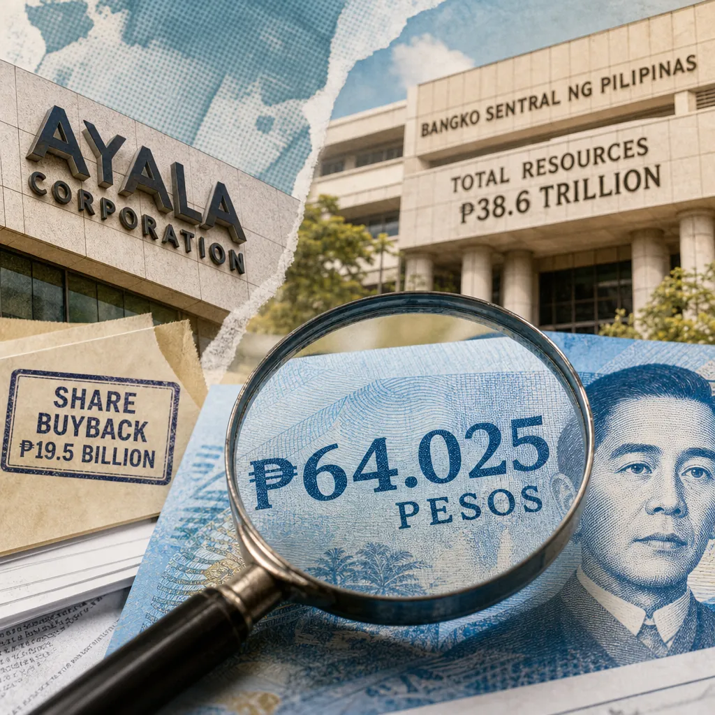 A collage shows Ayala Corporation, Bangko Sentral ng Pilipinas, a magnified peso bill, and a share buyback, highlighting weak investor confidence. (143 characters)