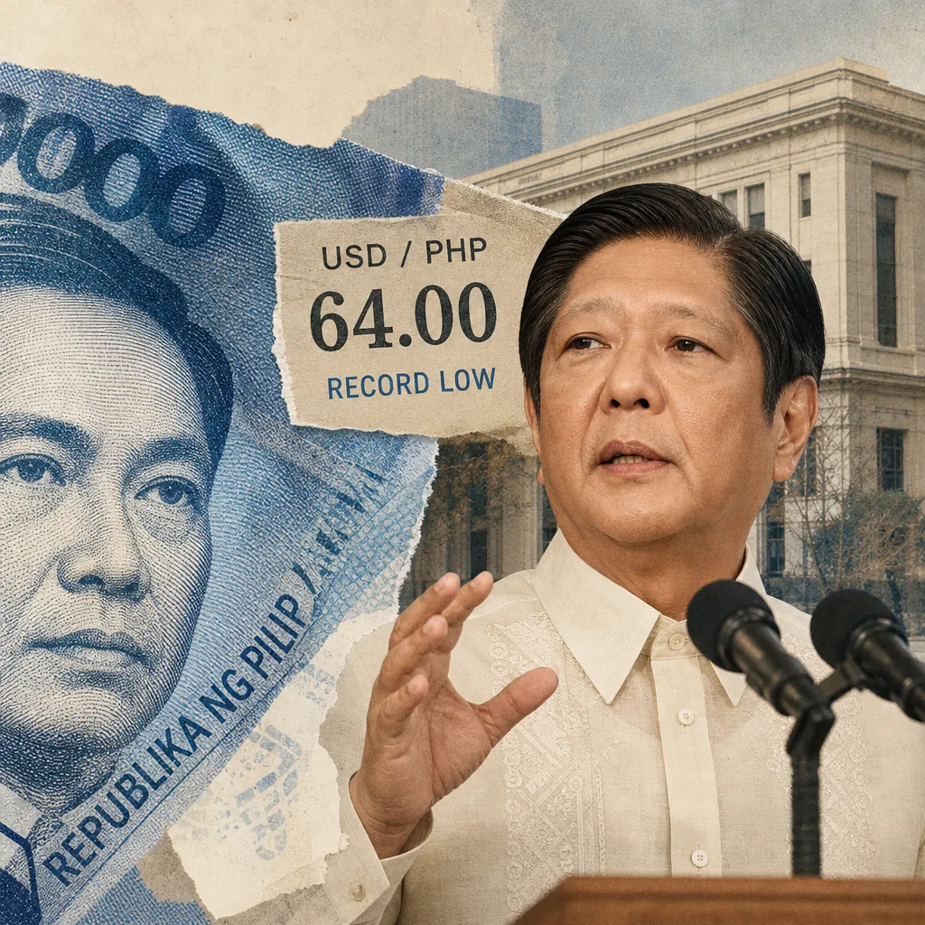 A man speaks at a podium with microphones, beside a torn peso bill and a sign showing the peso’s record low, press freedom cases, and policy issues. (143 characters)