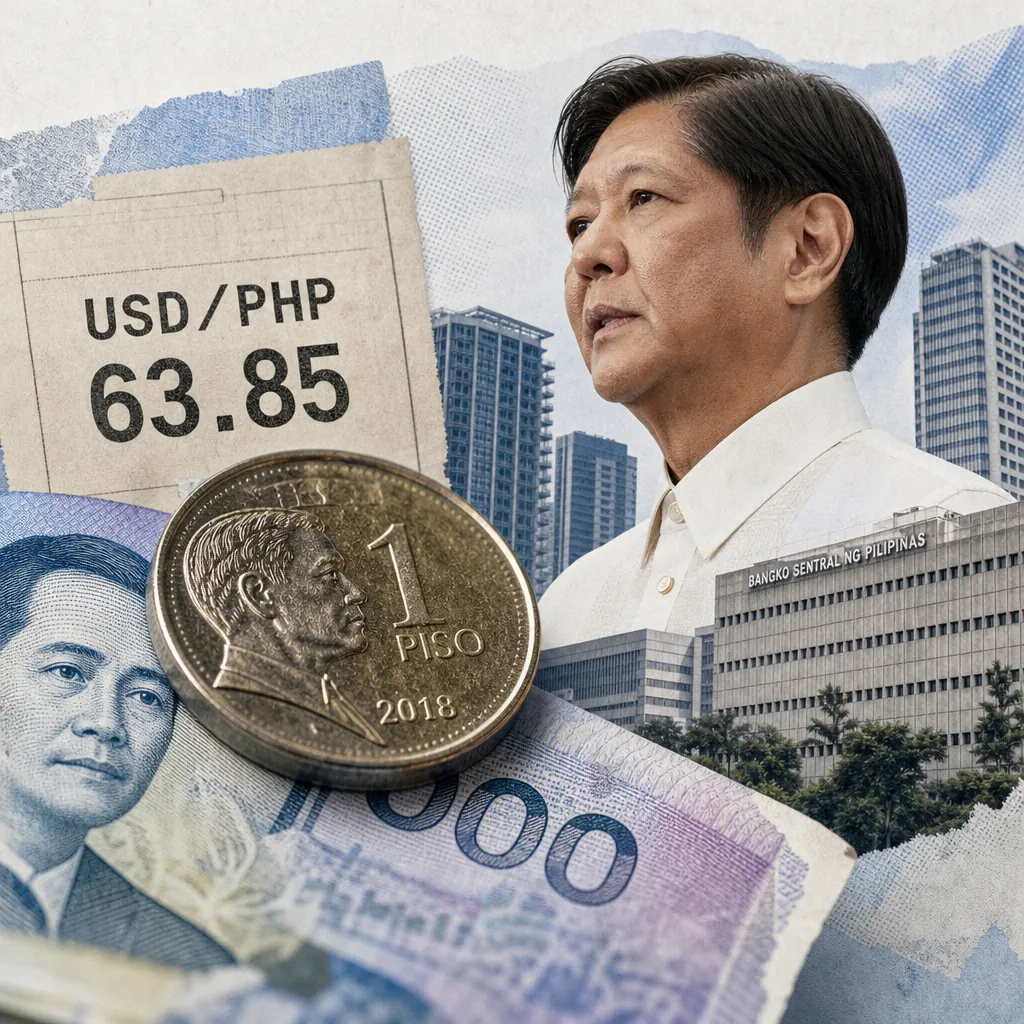A Philippine peso coin and banknote, a USD/PHP exchange rate sign, a government official, and Bangko Sentral ng Pilipinas, showing the peso rebounded after government intervention. (144 characters)