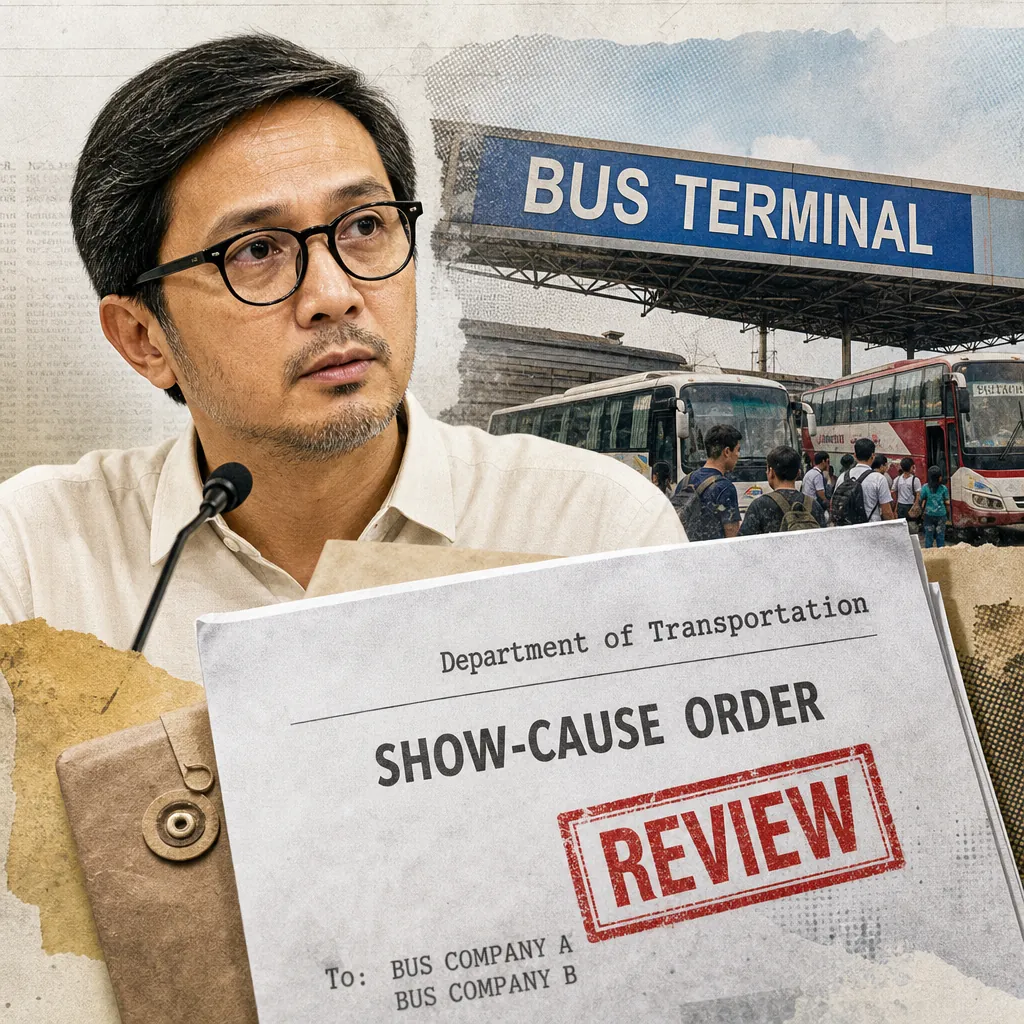 A man speaks at a microphone, with a bus terminal, buses, and passengers behind him, as two bus firms face sanctions for poor terminal conditions. (143 characters)