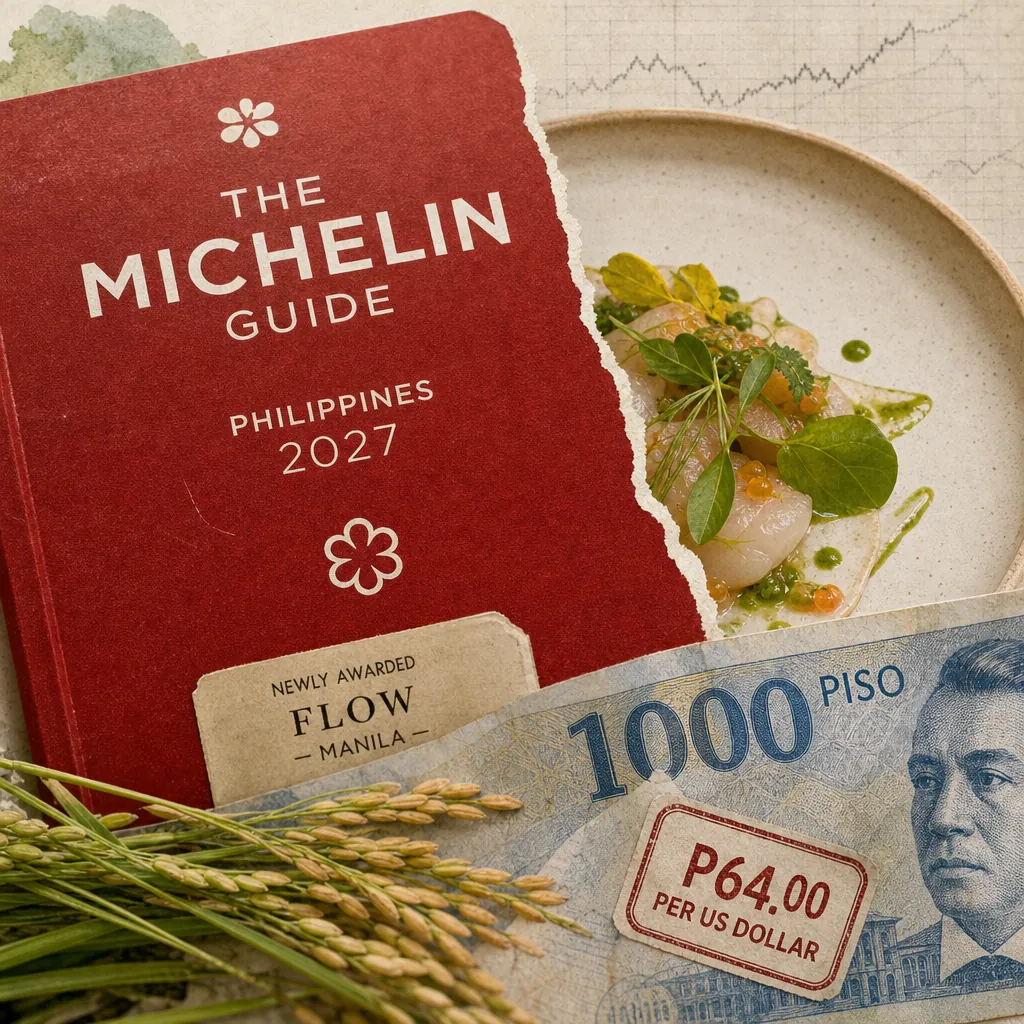 A Michelin Guide 2027 book for the Philippines, a plate of food, rice stalks, and a 1000 peso bill illustrate the national food landscape. 143 characters