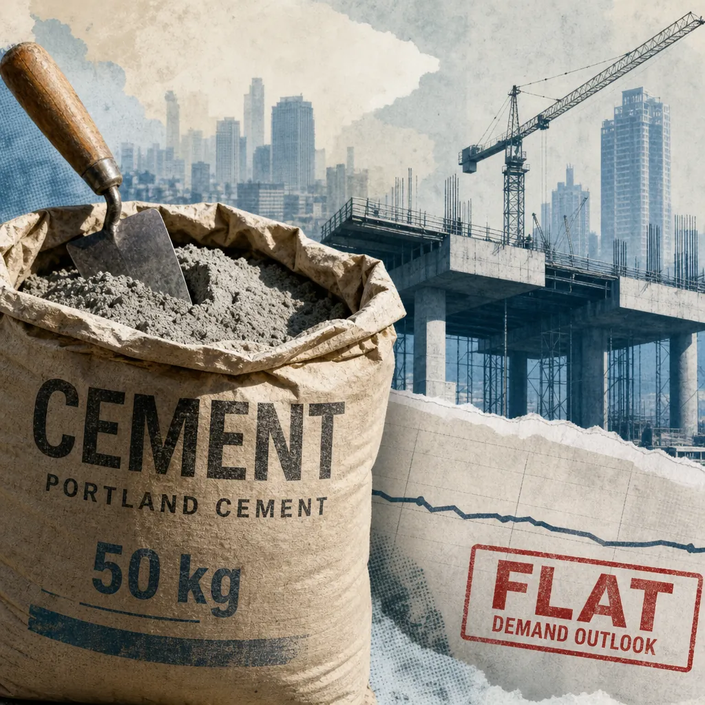 A bag of cement with a trowel sits in front of a construction site, illustrating flat cement demand in the Philippines for 2026. (137 characters)