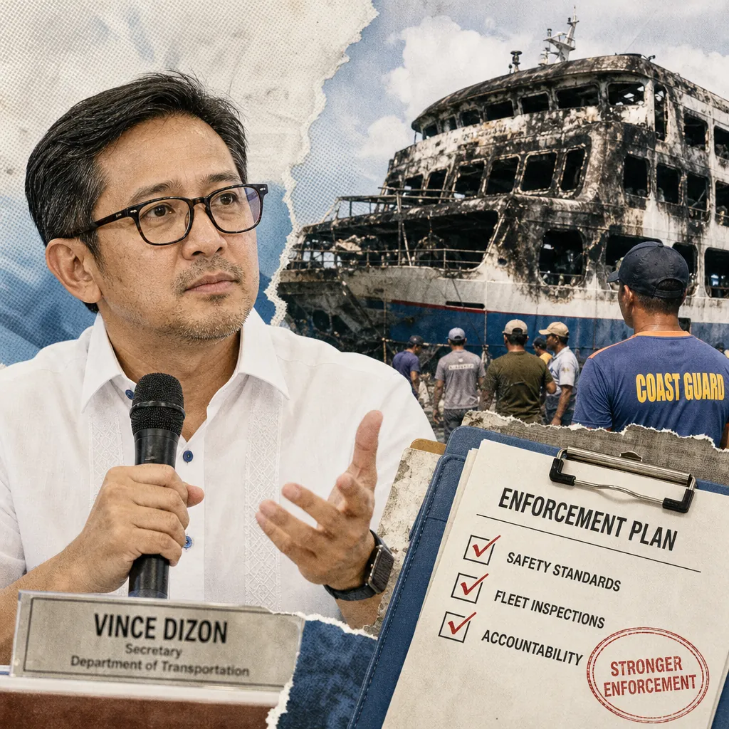 Transport Secretary Dizon speaks at a press event, with a burned ferry, Coast Guard, and an enforcement plan showing stricter maritime safety measures. 143 characters