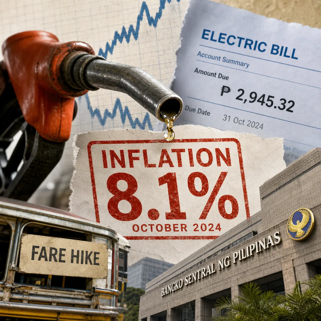 A collage shows a gas nozzle, electric bill, fare hike sign, and Bangko Sentral building, illustrating BSP forecasts October inflation at 7.1–8.1 percent. (143 characters)