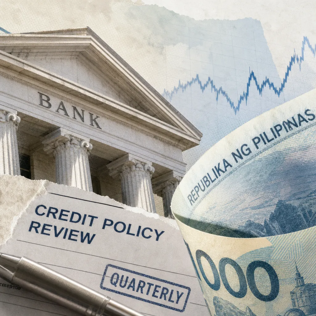 A Philippine bank building, a rolled 1000 peso bill, a credit policy review document, and a stock chart illustrate steady lending rules and stronger loan demand. 145 characters