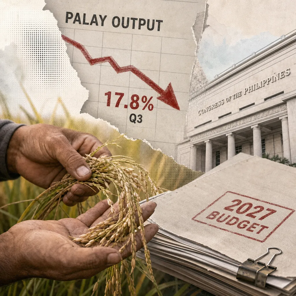 A person holds rice stalks in a field, with a chart showing Philippine rice harvest drops 17.77 percent and a 2027 budget folder nearby. (143 characters)