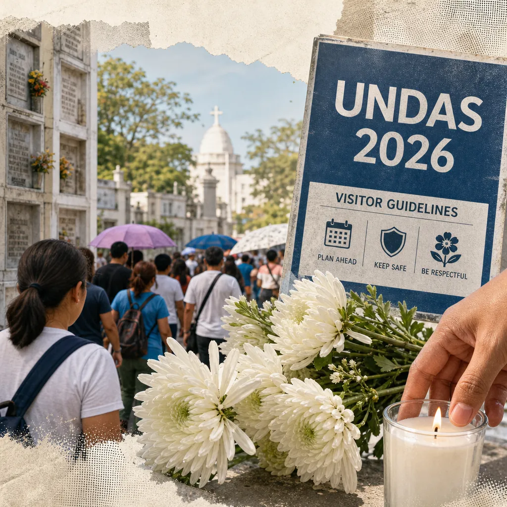 People visit a cemetery for Undas 2026, with flowers, a candle, and a sign showing visitor guidelines as cemeteries prepare for Undas crowds. (143 characters)
