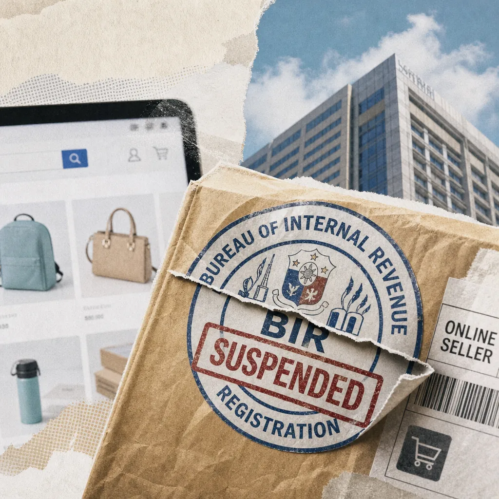 A cardboard box with a BIR suspended stamp, an online seller badge, a shopping website, and a building, showing the BIR suspended its online seller badge rule. (143 characters)