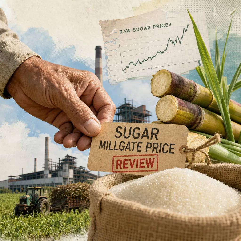 A hand holds a tag reading sugar millgate price review near sugarcane, a sack of sugar, and a chart, as sugar planters seek higher millgate prices. (143 characters)