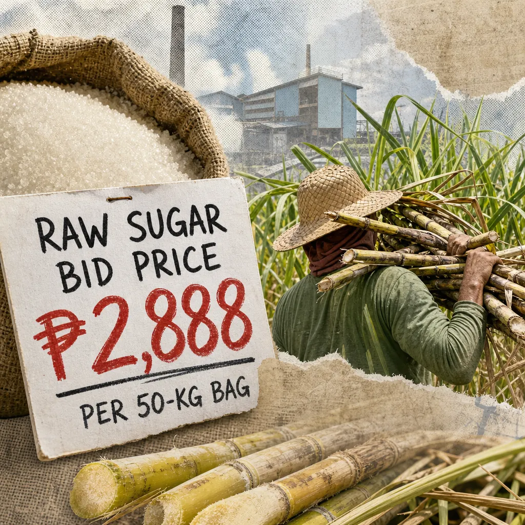 A sugar planter carries cane in a field, with a sign showing raw sugar bid price and the keyphrase sugar planters push for a P3,000 price floor. 143 characters