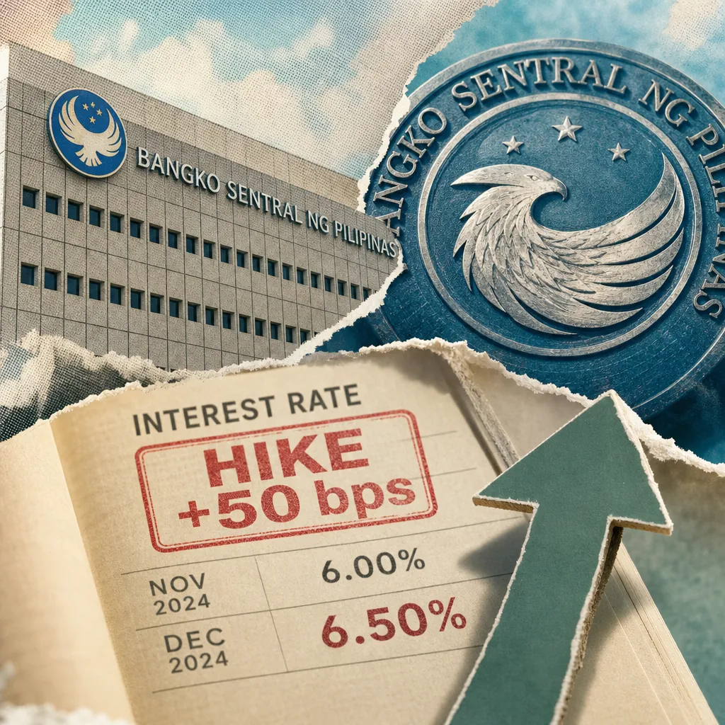 A collage shows the BSP building, its seal, an interest rate hike chart, and an upward arrow, reflecting Philippine finance in Q4 2026. (143 characters)