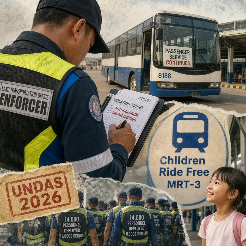A transport enforcer writes a violation ticket for anti-colorum and drunk driving during the Undas 2026 travel period with major security deployments. (143 characters)